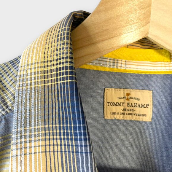 Tommy Bahama Button Up Shirt Men's LARGE 100% Cotton Blue Yellow Plaid - Picture 3 of 8